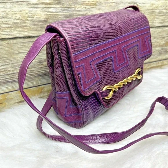 Vntg Sharif Purple Snakeskin Embossed Leather Purse Shoulder Bag Crossbody - Picture 2 of 12